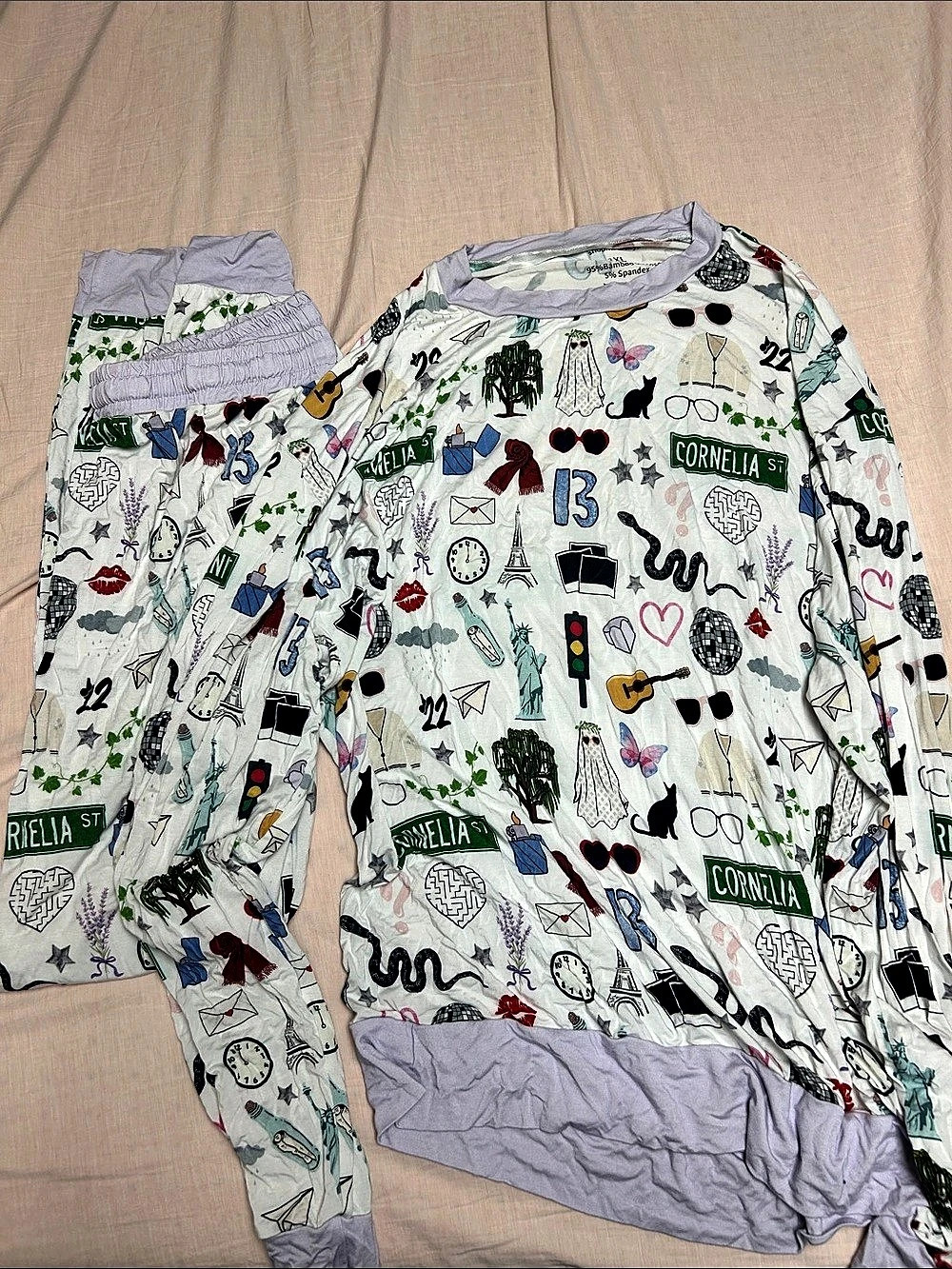 shopmadiskye Taylor Swift Printed Pajama Set Jogger in White & Purple Size 3XL
